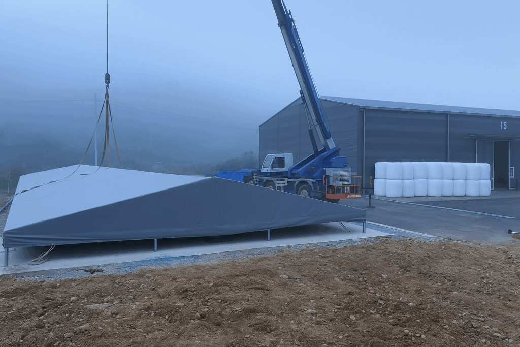 평창 건초 창고 작업 사진 (둘째날 아침 지붕 인양)